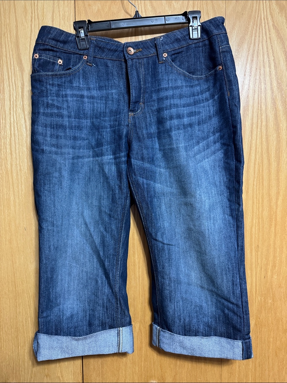 Merona Dark Blue Cropped Jeans with Turn-Up Cuffs and Whisker Detailing on Front